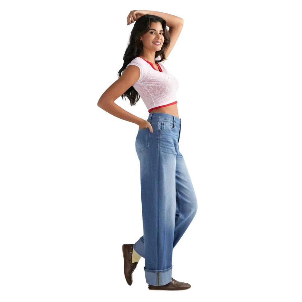 118. Halara Flex™ High Waisted Pockets Rolled Hem Wide Leg Washed Casual Jeans